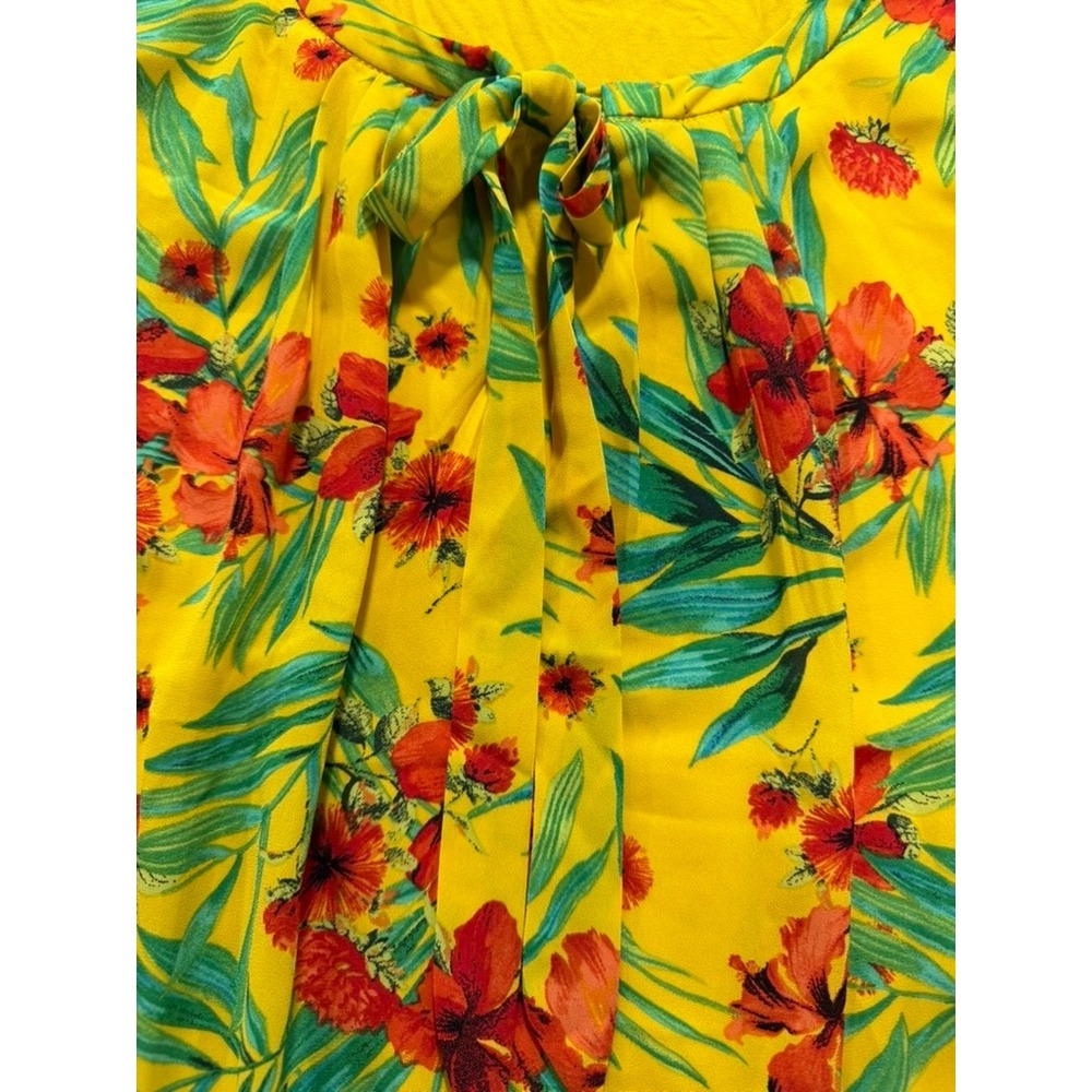 NY&Co Sleeveless Blouse Womens XL Yellow Floral Tropical Tie Neck Lined - Picture 8 of 10